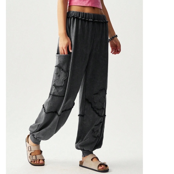 Boho Cotton Black Flower Patch Stretchy Waist Joggers Pants - Picture 6 of 6